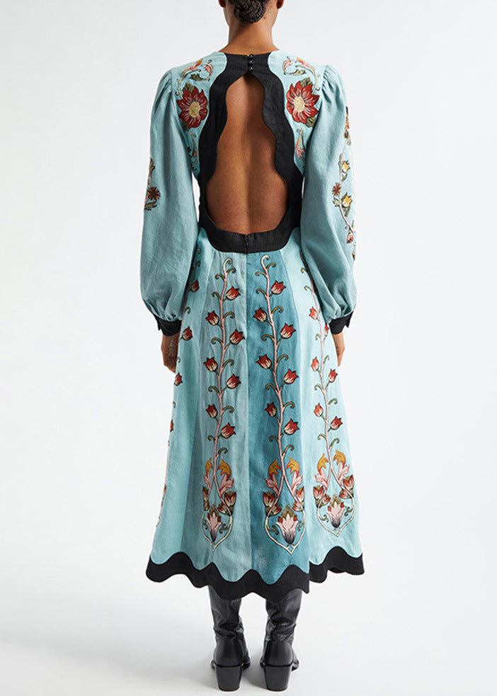 Cotton V Long Original Dress Print Neck Spring Blue Backless