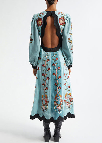 Cotton V Long Original Dress Print Neck Spring Blue Backless