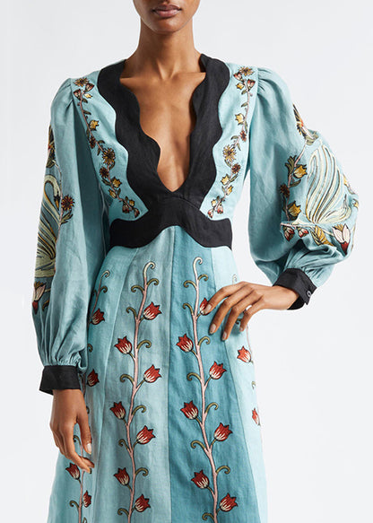 Cotton V Long Original Dress Print Neck Spring Blue Backless