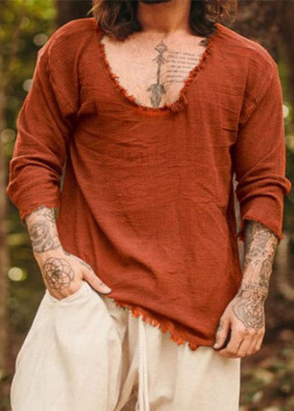 Men Open Side Fall Solid Cotton Original T Shirts Coffee