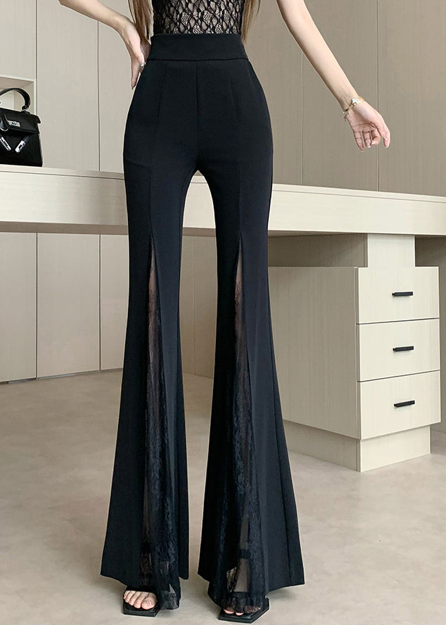 Draping Black Patchwork Trousers Original Design Flared Lace