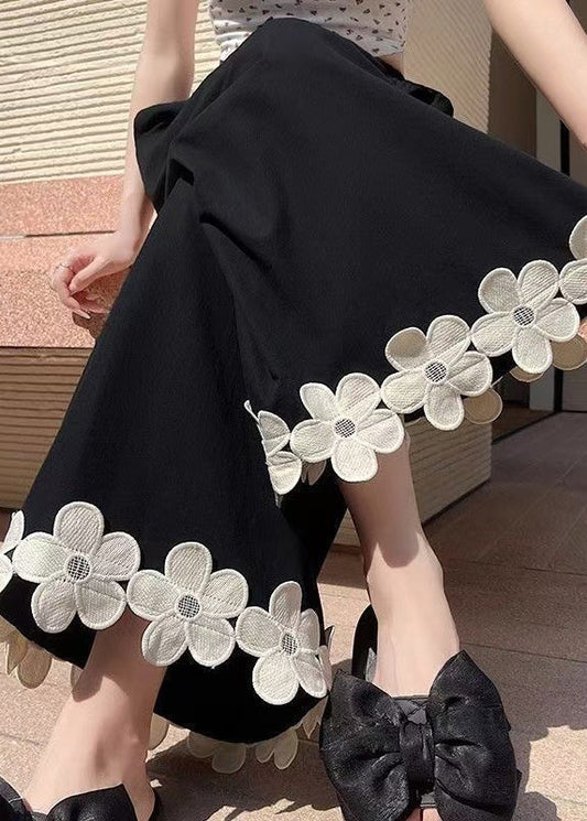 Patchwork Design Pants Leg Wide Cotton Black Original Floral