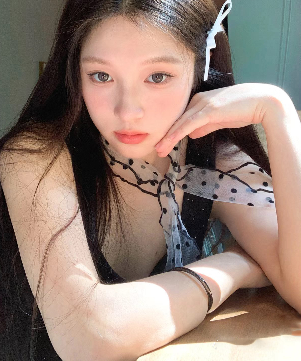 Original Design Black Tulle Dot Print Thin Silk Scarf YA009