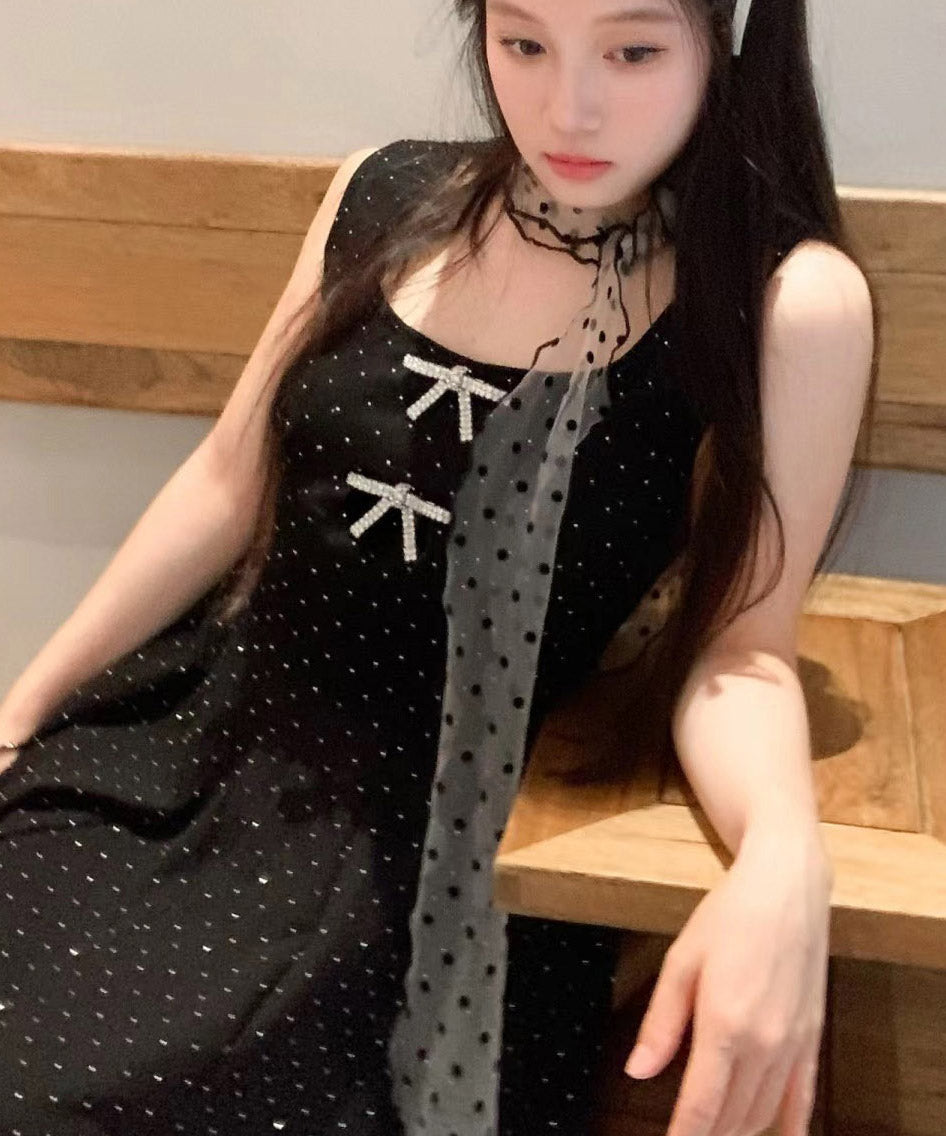 Original Design Black Tulle Dot Print Thin Silk Scarf YA009