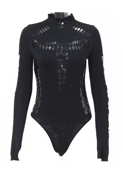 Black Original Turtleneck Tulle Hollow Out Bodysuit Design