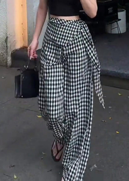 Plaid Waist High Pants Cotton Design Black Summer Original White