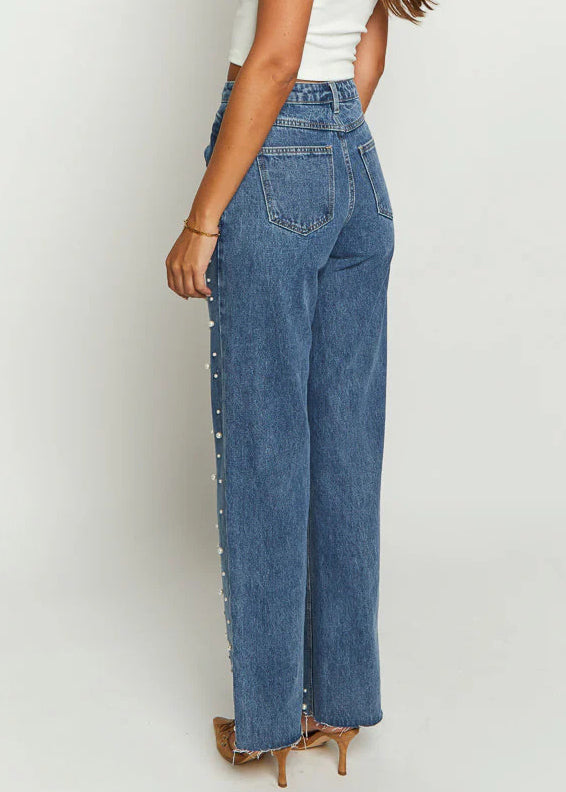 Original Spring Design Denim Bead Blue Nail Pants Pockets