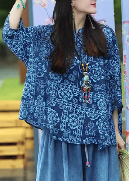 Original Design Blau Stehkragen Print Button Top Herbst UU023