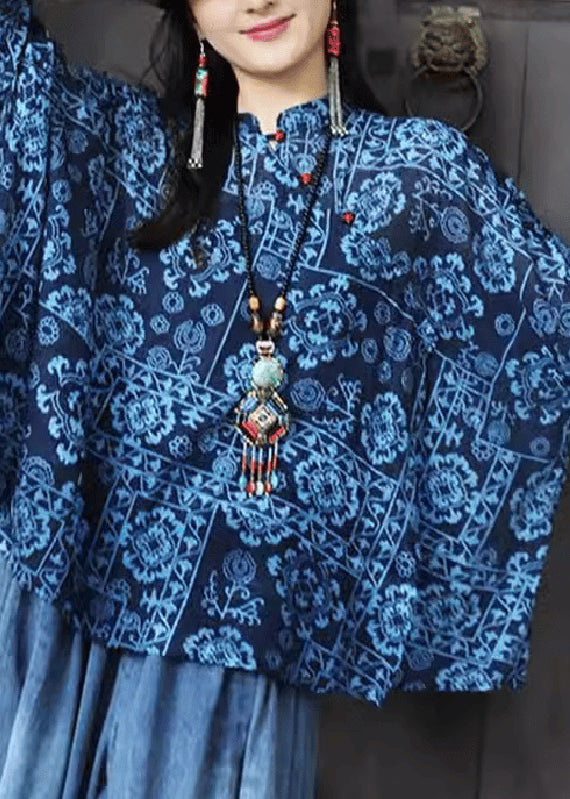 Original Design Blau Stehkragen Print Button Top Herbst UU023