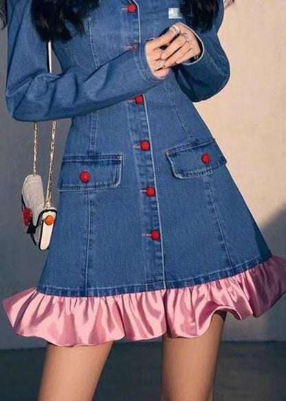 Original Design Blue Fall Wrinkled Denim Dress Mid Patchwork