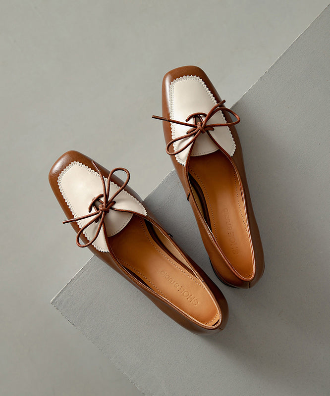 Original Cowhide Splicing Up Flats Leather Design Lace Brown
