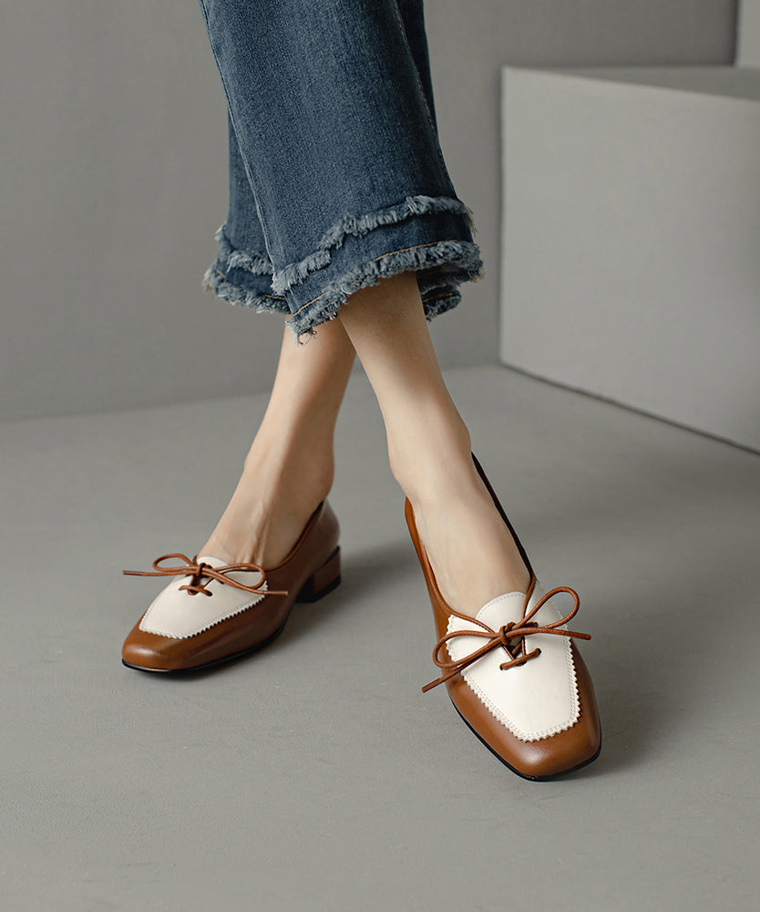 Original Cowhide Splicing Up Flats Leather Design Lace Brown