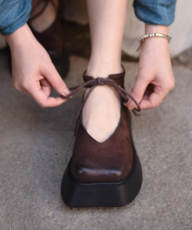 Design Original Platform Coffee Leather Cowhide Lace Shoes Up