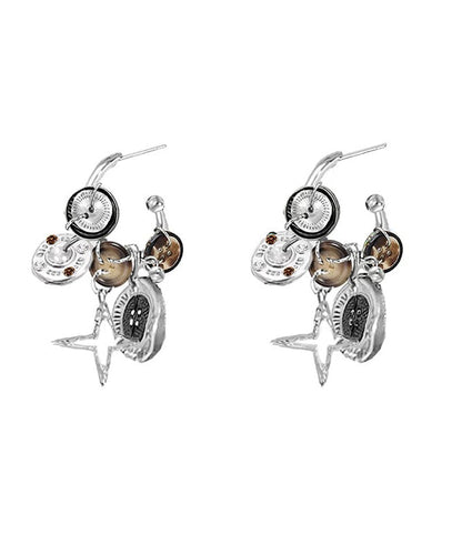 Hoop Earrings Metal Original Design Coffee Star Button