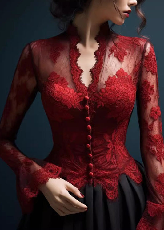 Haut en dentelle slim fit à col en V rouge élégant au design original pour l'automne QL049