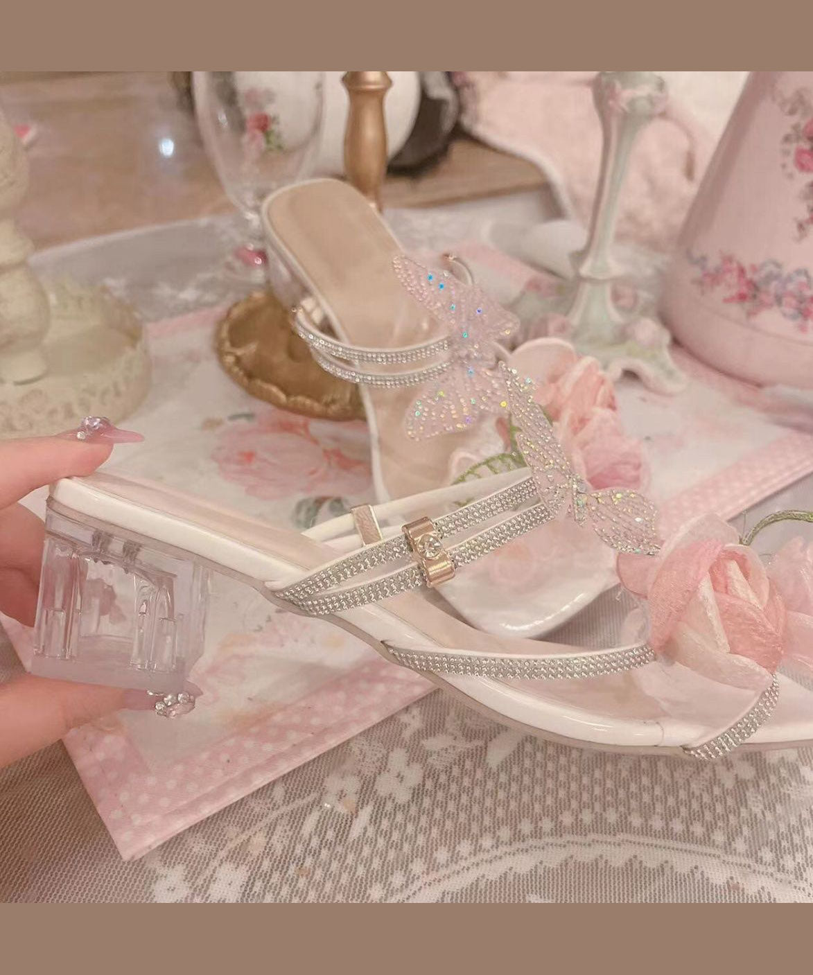 Original Slide Sandals Peep Zircon Butterfly Design Toe Flower