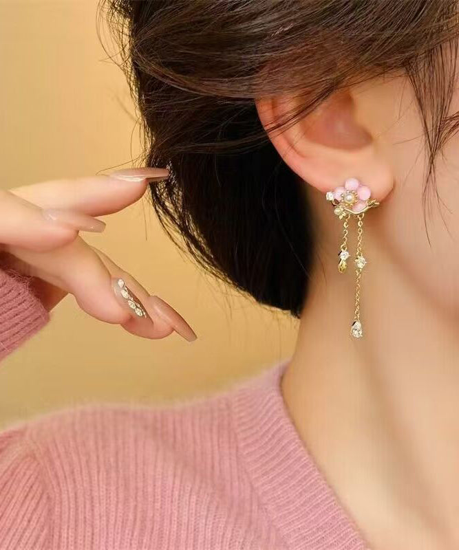 Original Design Gold Copper Alloy Zircon Pearl Resin Asymmetrical Floral Drop Earrings WH053