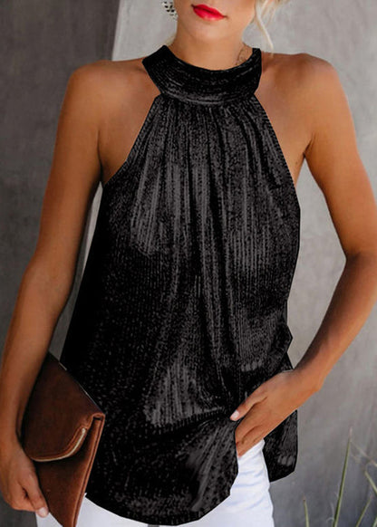 Original Top Gold Wrinkled Design Sleeveless Turtleneck