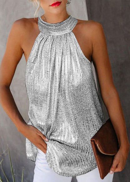 Original Top Gold Wrinkled Design Sleeveless Turtleneck