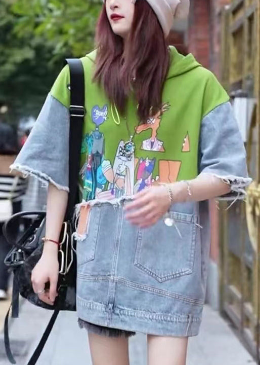 Original Design Green Cartoon Print Denim Patchwork Hooded Tops Summer BV039