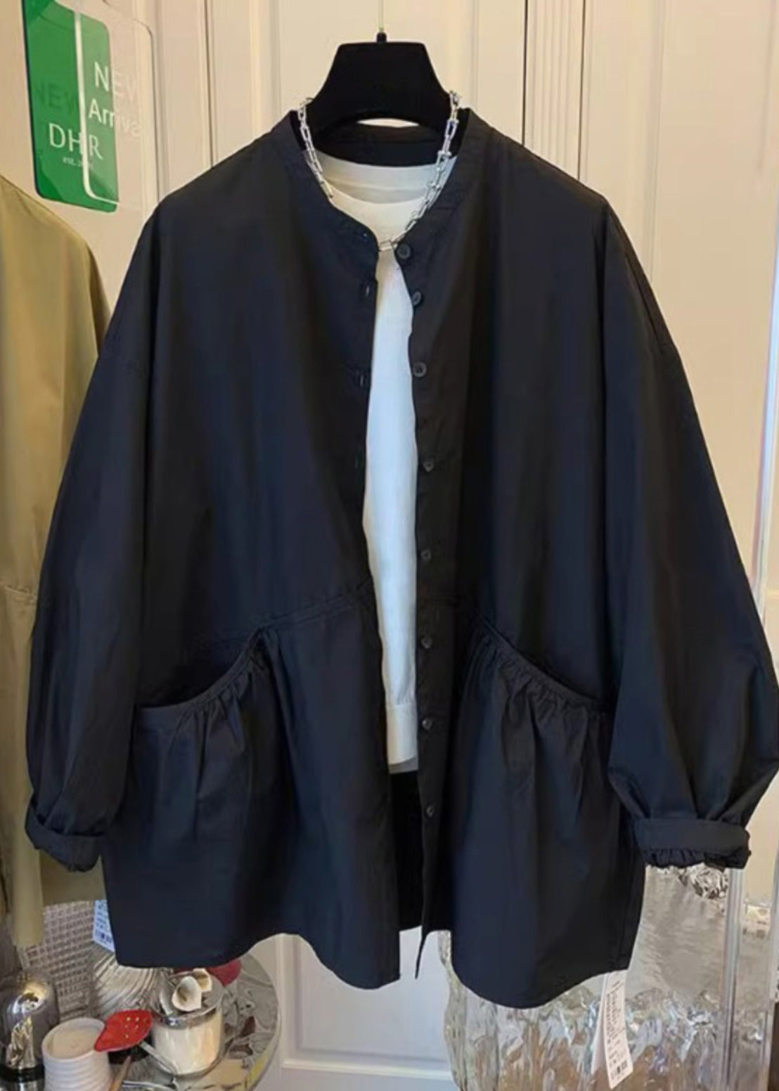 Original Design Green Pockets Button Cotton Coat Spring TI035