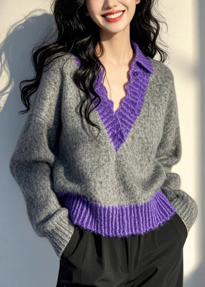 Original Design Grey V Neck Patchwork Knit Pullover Spring TN043