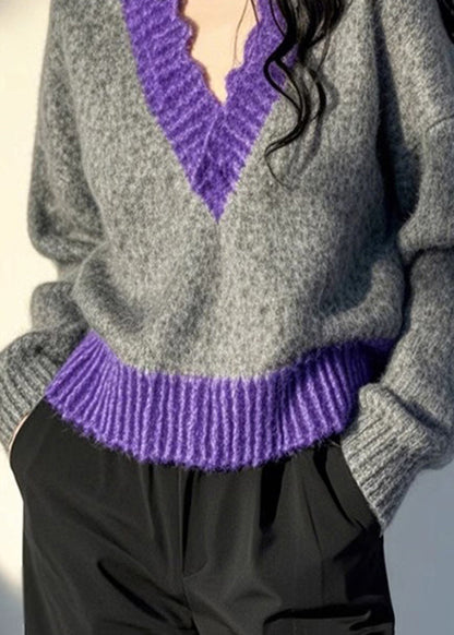Original Design Grey V Neck Patchwork Knit Pullover Spring TN043