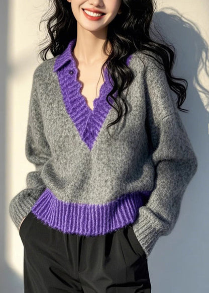 Original Design Grey V Neck Patchwork Knit Pullover Spring TN043