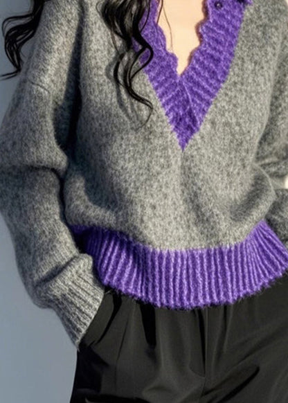 Original Design Grey V Neck Patchwork Knit Pullover Spring TN043