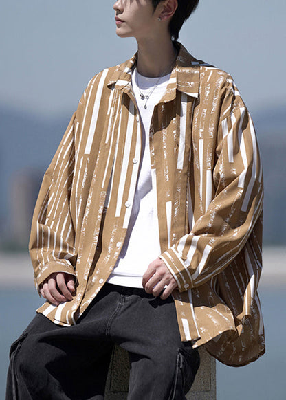 Design Collar Pan Striped Shirts Peter Men Original Khaki Cotton