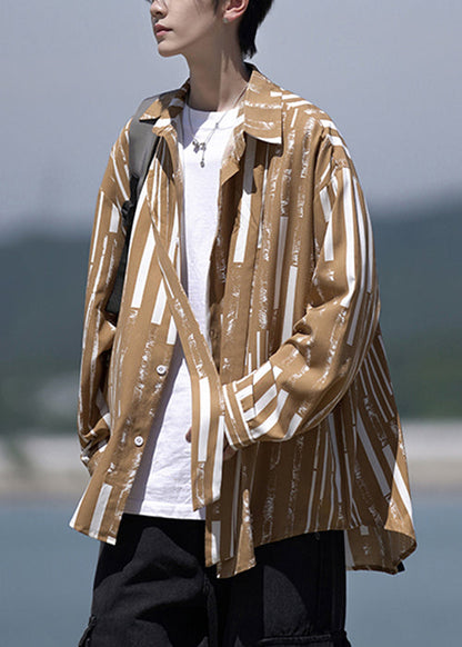 Design Collar Pan Striped Shirts Peter Men Original Khaki Cotton