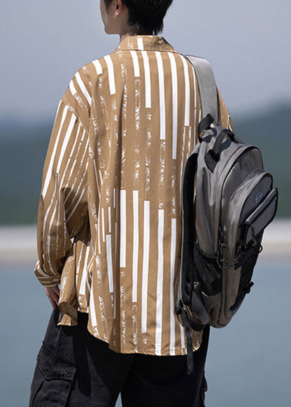 Design Collar Pan Striped Shirts Peter Men Original Khaki Cotton