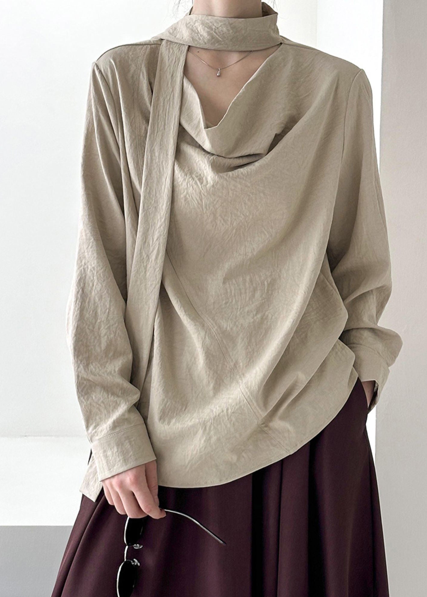 Solid Ribbon Design Top Khaki Spring Original