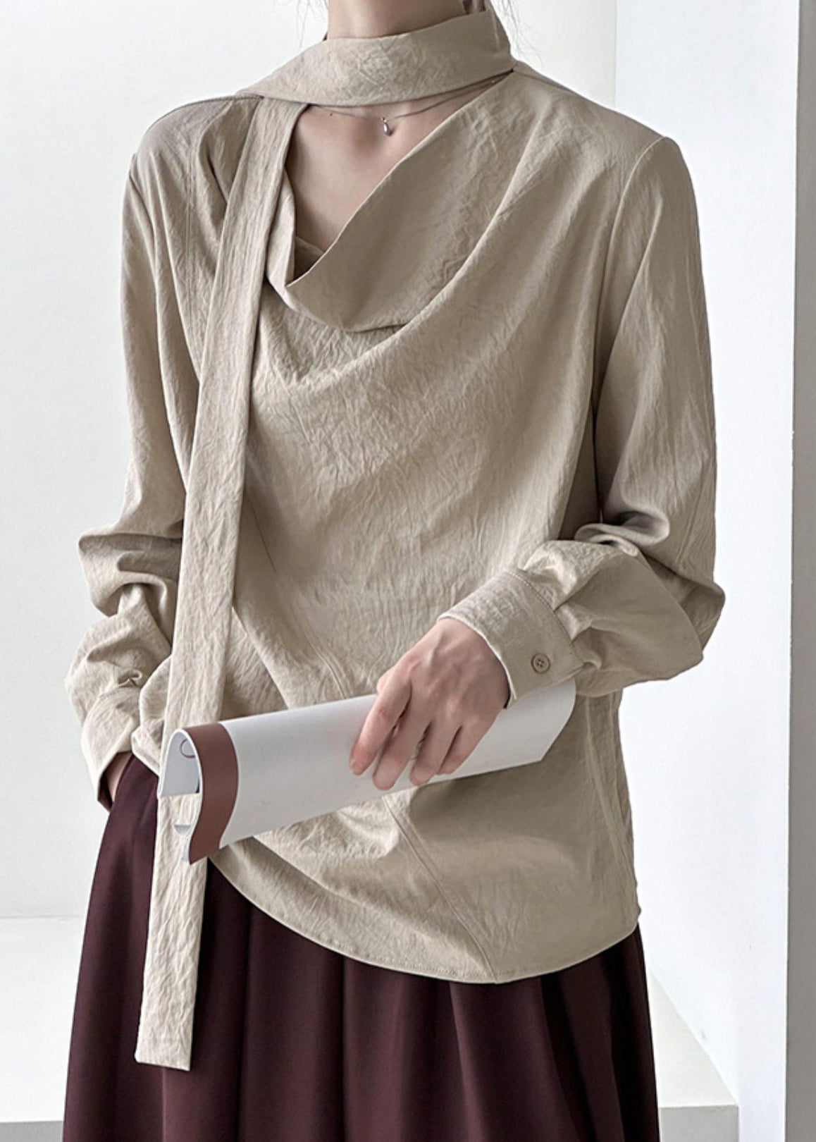 Solid Ribbon Design Top Khaki Spring Original