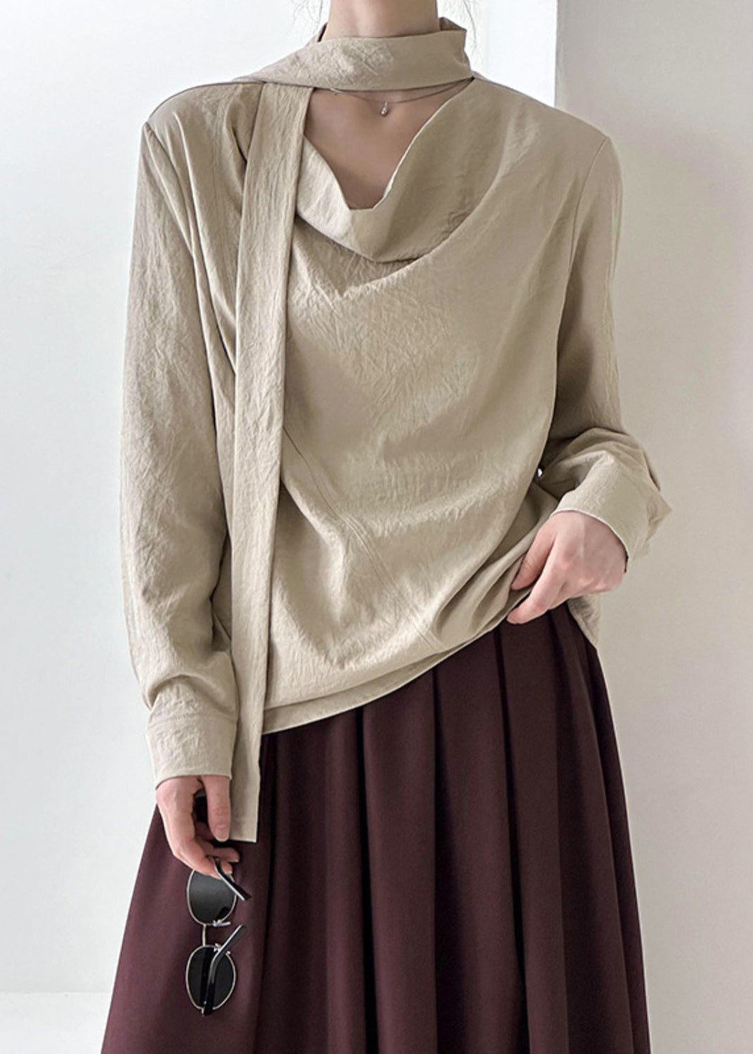 Solid Ribbon Design Top Khaki Spring Original