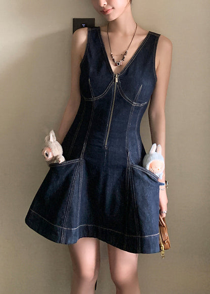 Denim Zippered Original Design Neck Mini V Dresses Navy