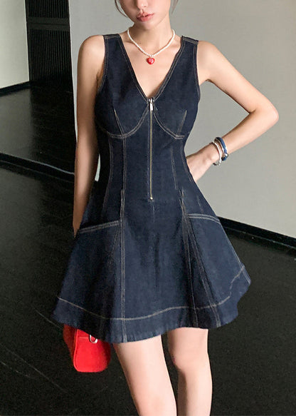 Denim Zippered Original Design Neck Mini V Dresses Navy