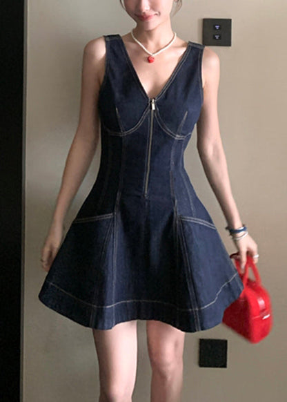 Denim Zippered Original Design Neck Mini V Dresses Navy