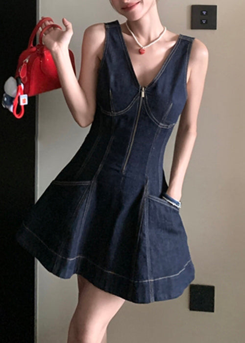 Denim Zippered Original Design Neck Mini V Dresses Navy