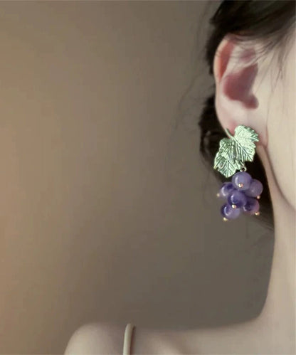 Grape Original Earrings Stud Design Purple Glass Alloy