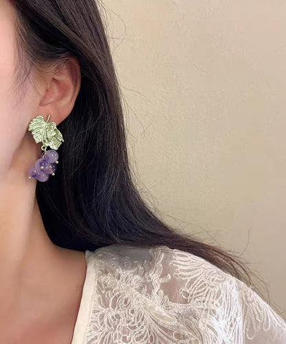 Grape Original Earrings Stud Design Purple Glass Alloy