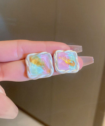 Square Design Original Wrinkled Earrings Alloy Stud Rainbow