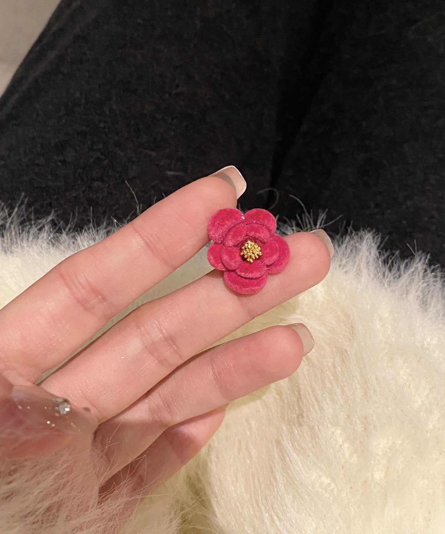 Red Original Alloy Stud Flocking Flower Camellia Earrings Design