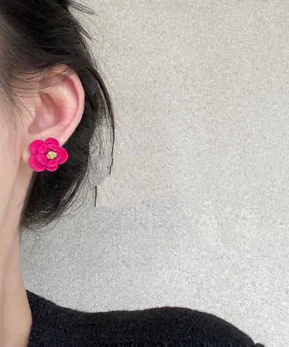 Red Original Alloy Stud Flocking Flower Camellia Earrings Design
