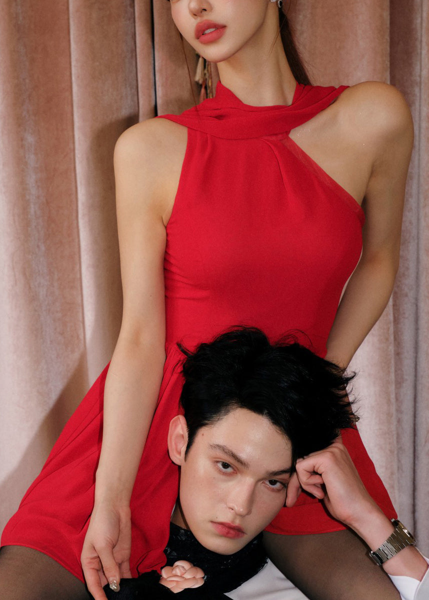 Dress Chiffon Red Wrinkled Design Cold Shoulder Original