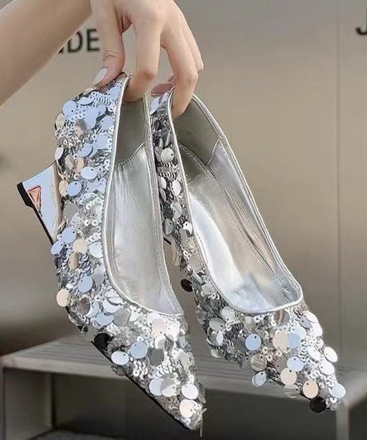 Original Design Silver Sequins Wedge Heels Pointed Toe JJ001