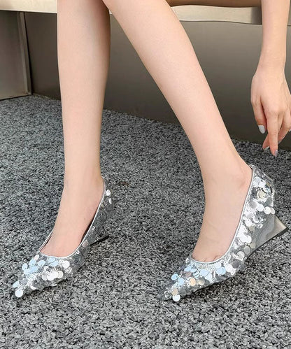 Original Design Silver Sequins Wedge Heels Pointed Toe JJ001