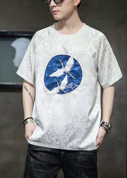 Original Design Silvery O-Neck Embroideried Ice Silk Mens T Shirts Summer HG001