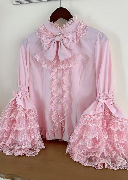 Pink Shirt Design Sleeve Lace Sweet Original Flare Patchwork
