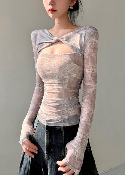 Original Design Twisted Printed Tulle T Shirts Top Autumn AL1062